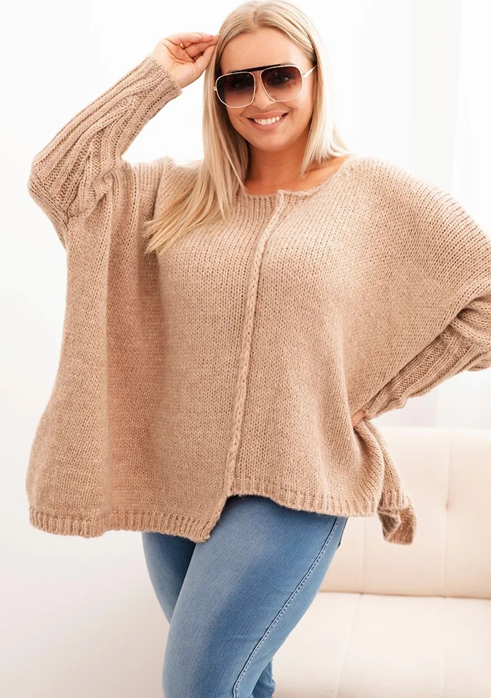 Camel dámsky asymetrický plus size pletený sveter Veľkosť: ONE SIZE