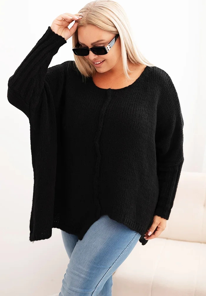 Čierny dámsky asymetrický plus size pletený sveter Veľkosť: ONE SIZE