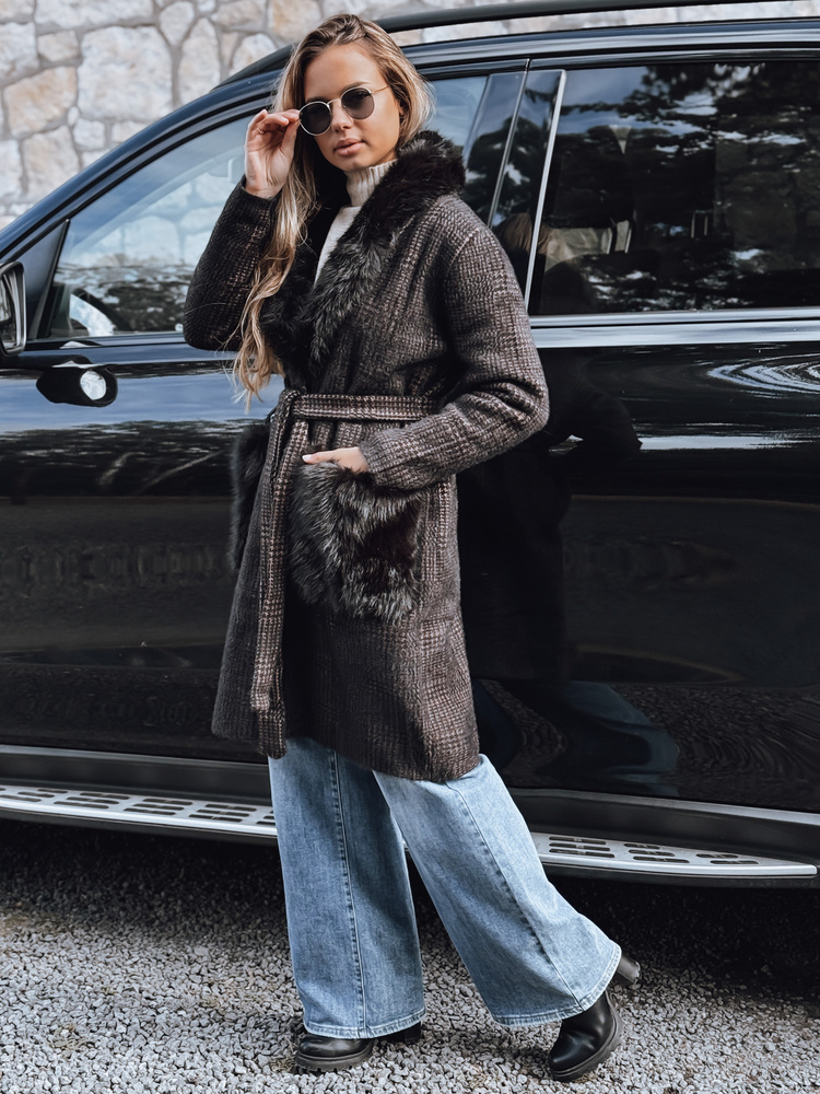 Károvaný dámsky kabát s kožušinou TY5229 Veľkosť: S/M