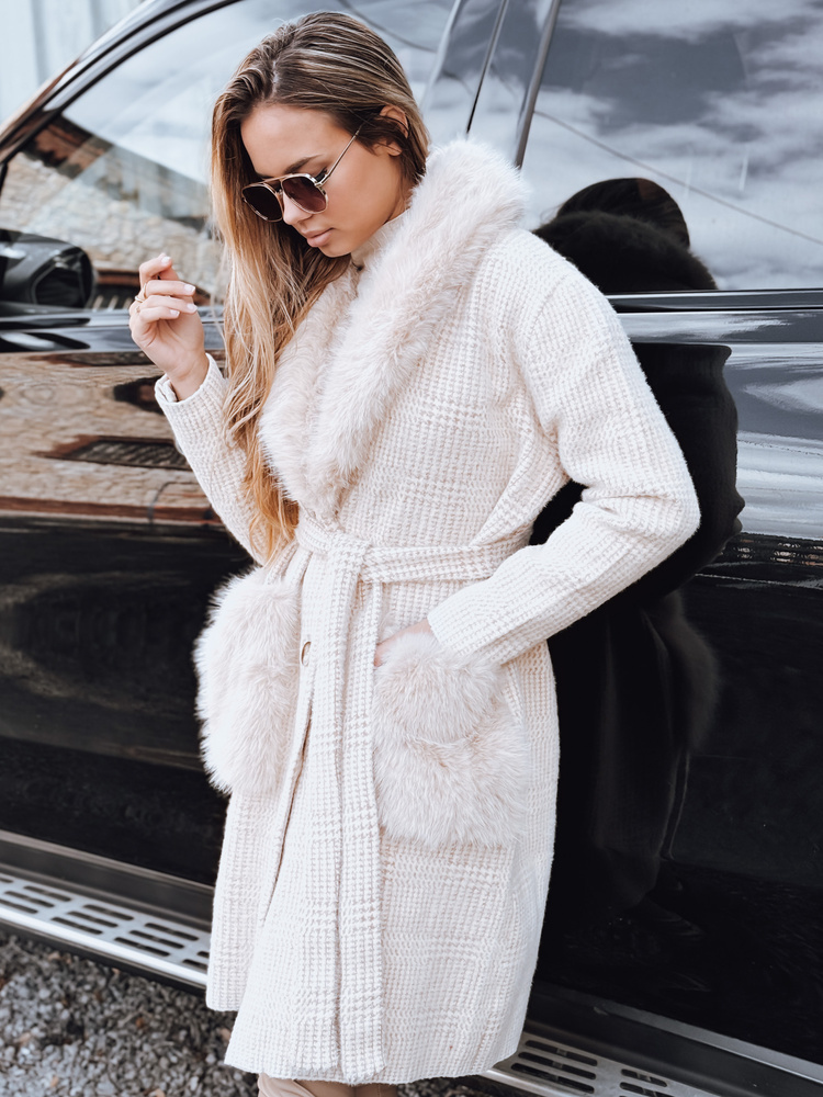 Biely dámsky károvaný kabát s kožušinou TY5278 Veľkosť: S/M