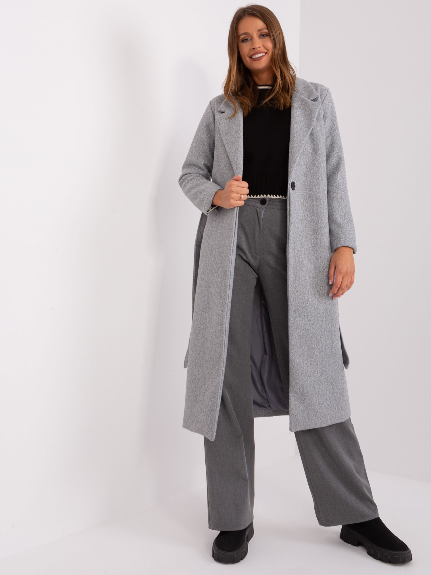 Sivý dlhý kabát s pásikom TW-PL-BI-5312-1.31-grey Veľkosť: XL