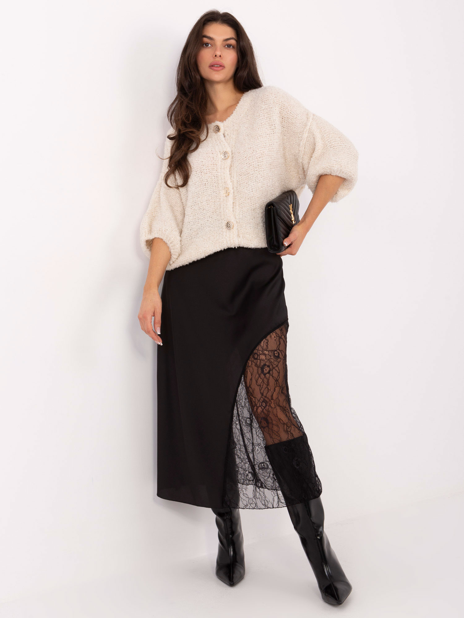 Smotanový dámsky pletený sveter na gombíky IT-SW-72987.00-LIGHT BEIGE Veľkosť: ONE SIZE