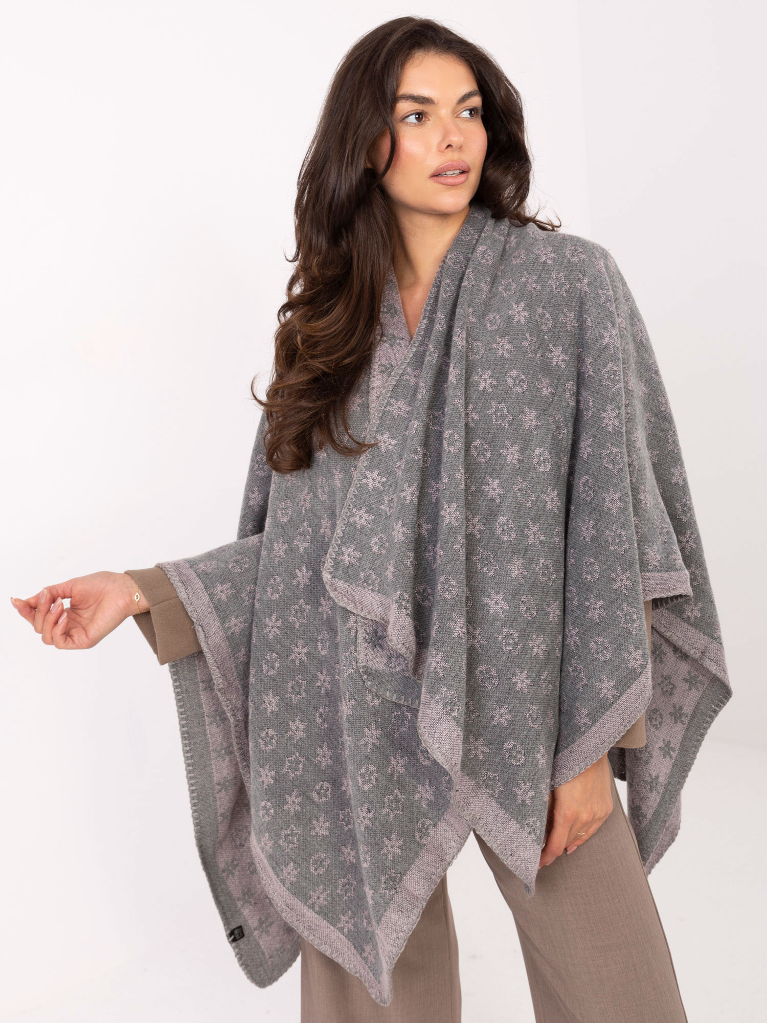 Sivo-ružové dámske pončo s potlačou AT-PN-7661.89-grey-pink Veľkosť: ONE SIZE