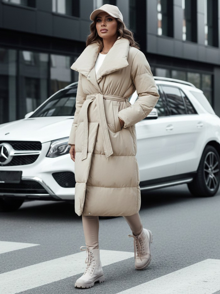 Svetlo béžový dlhý dámsky prešívaný kabát s opaskom FAVI TY4572 Veľkosť: XL