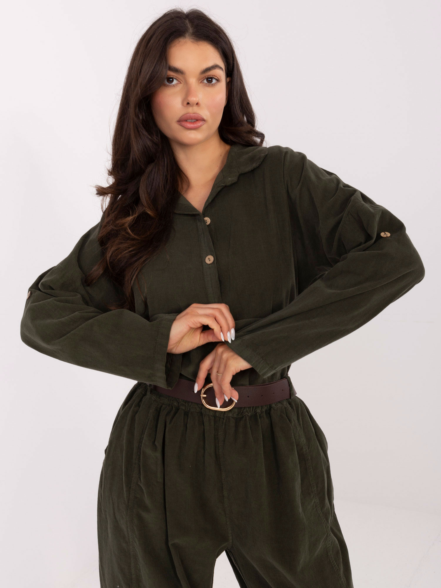 Khaki dámska manšestrová košeľa so zapínaním na gombíky -IT-KS-22390.81-khaki Veľkosť: ONE SIZE