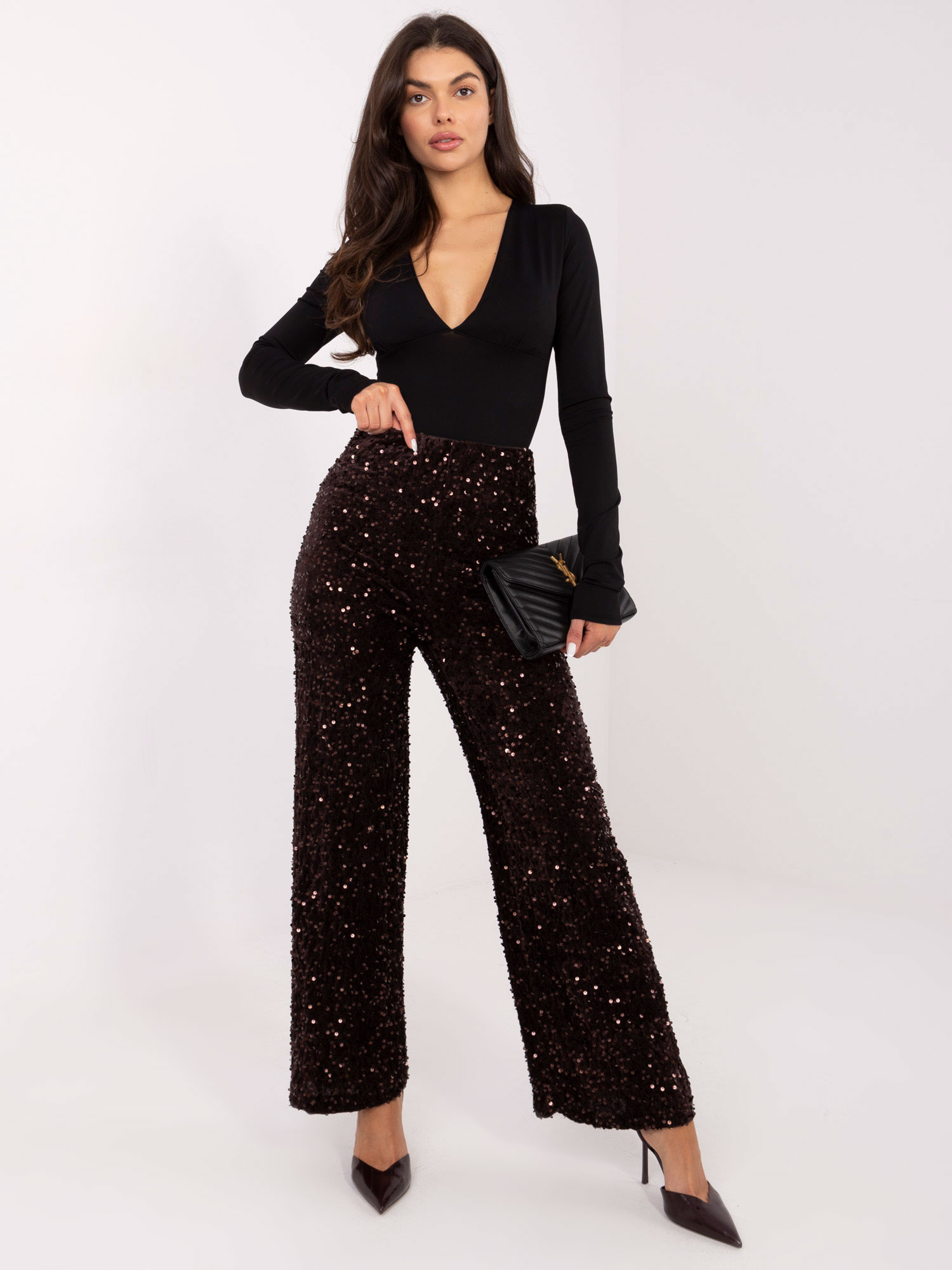 Tmavohnedé dámske nohavice s flitrami MI-SP-4323C.28 -brown Veľkosť: ONE SIZE