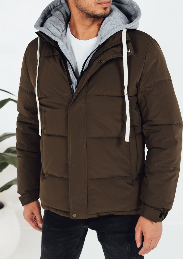 Khaki pánska zimná prešívaná bunda s látkovou kapucňou TX5102 Veľkosť: 2XL