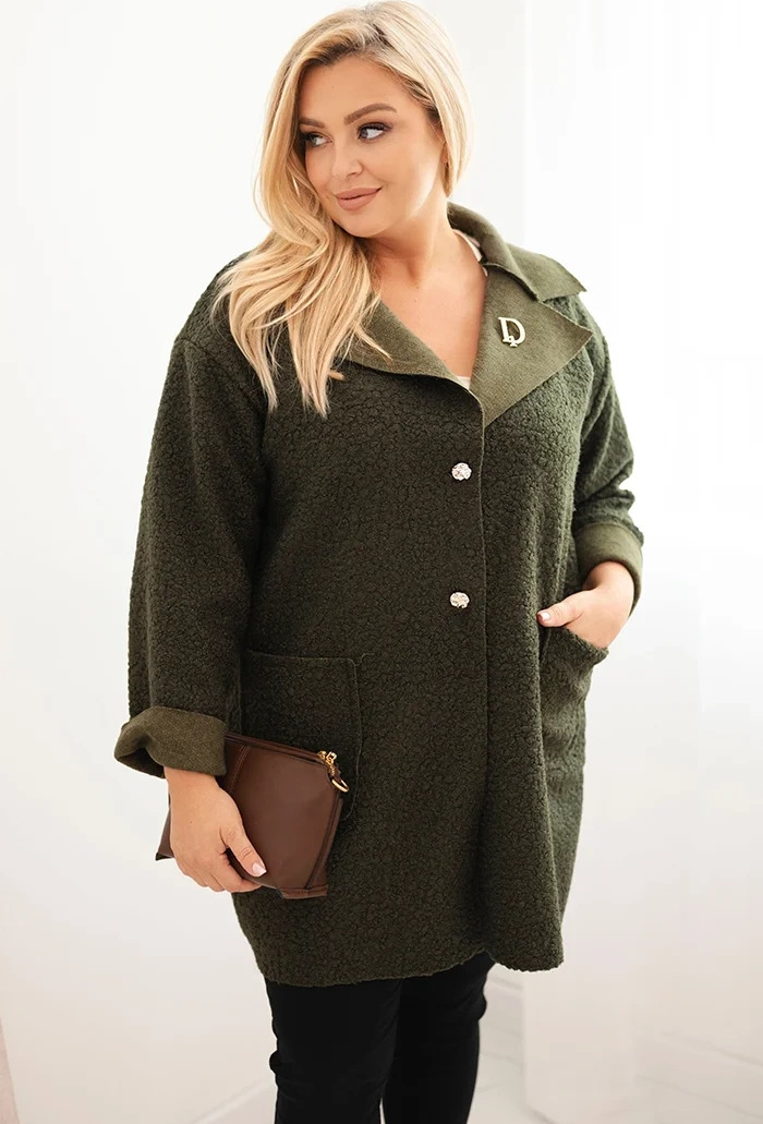 Khaki dámsky vlnený kabát pre plnoštíhle Veľkosť: ONE SIZE