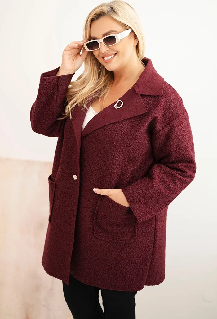 Vínový dámsky vlnený kabát pre plnoštíhle Veľkosť: ONE SIZE