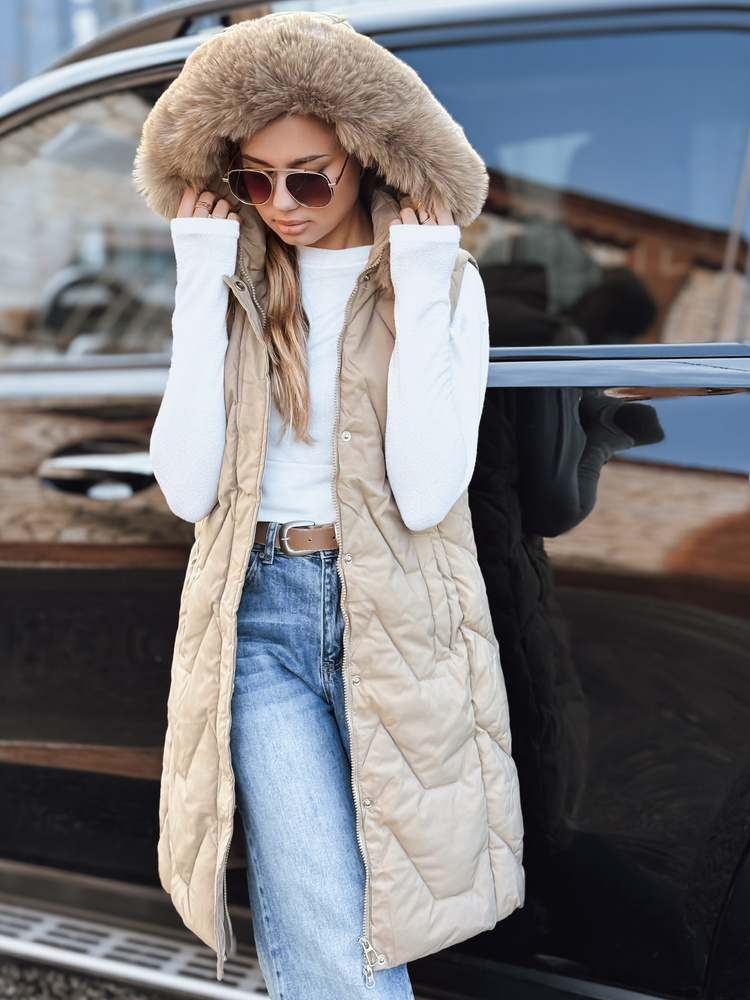 Béžová dámska zateplená prešívaná vesta s kapucňou TY5263 Veľkosť: S