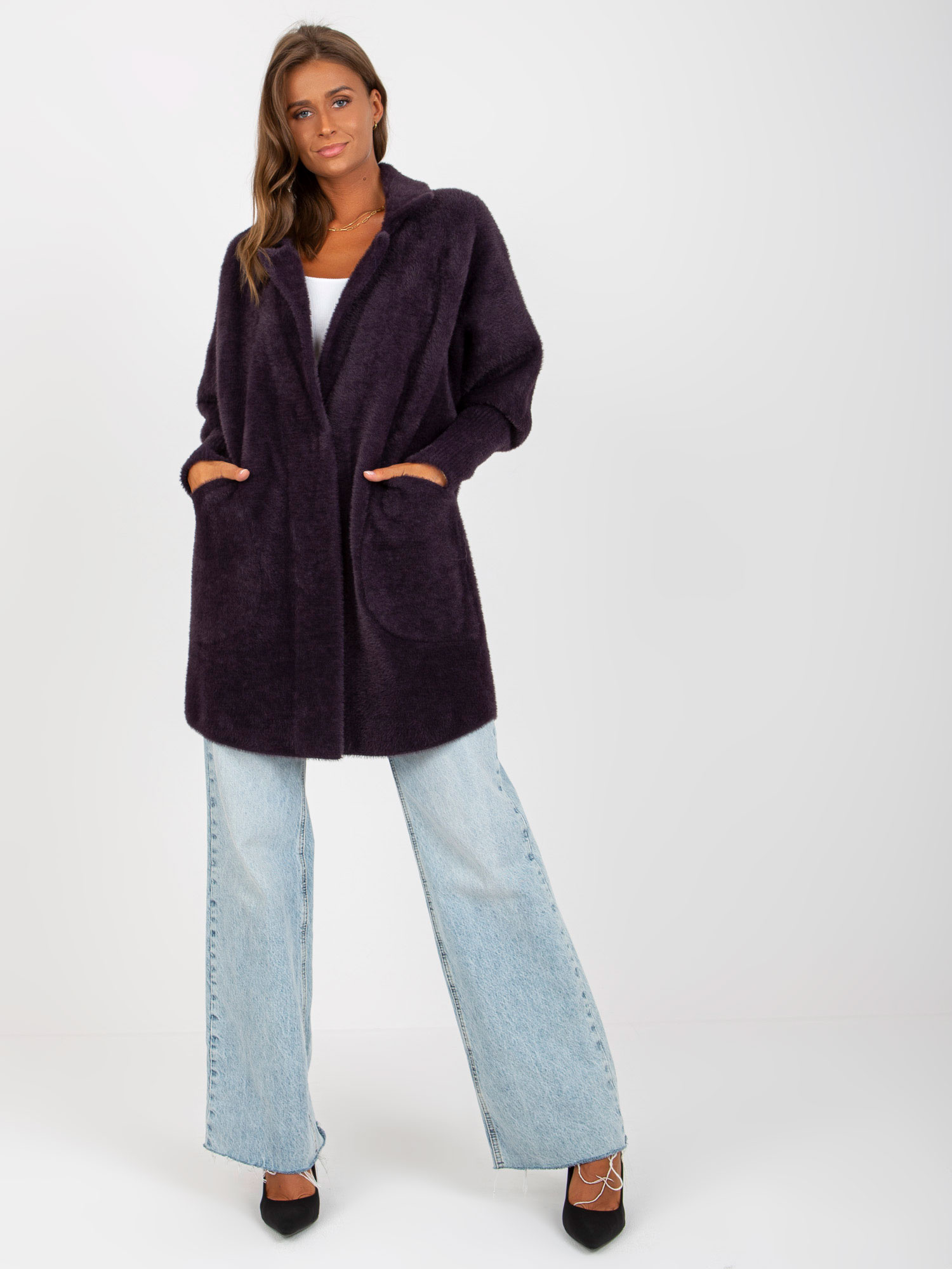 Tmavofialový dámsky teddy kabát s vreckami MBM-PL-1517.00P-dark gray Veľkosť: ONE SIZE