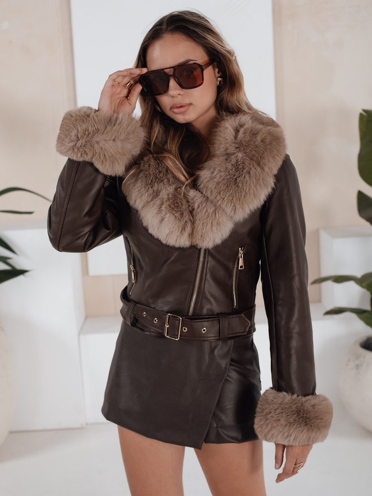 Hnedá dámska koženková bunda s kožušinou TY5211 Veľkosť: L