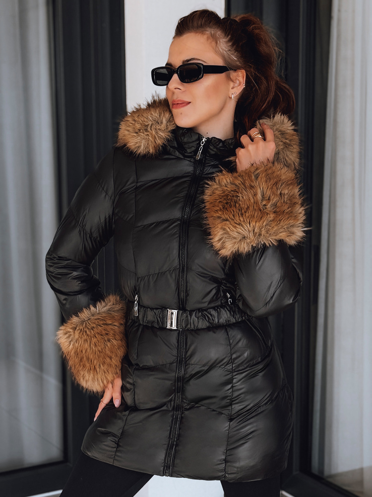 Čierna dámska zimná bunda s odnímateľnou kožušinou TY5320 Veľkosť: L