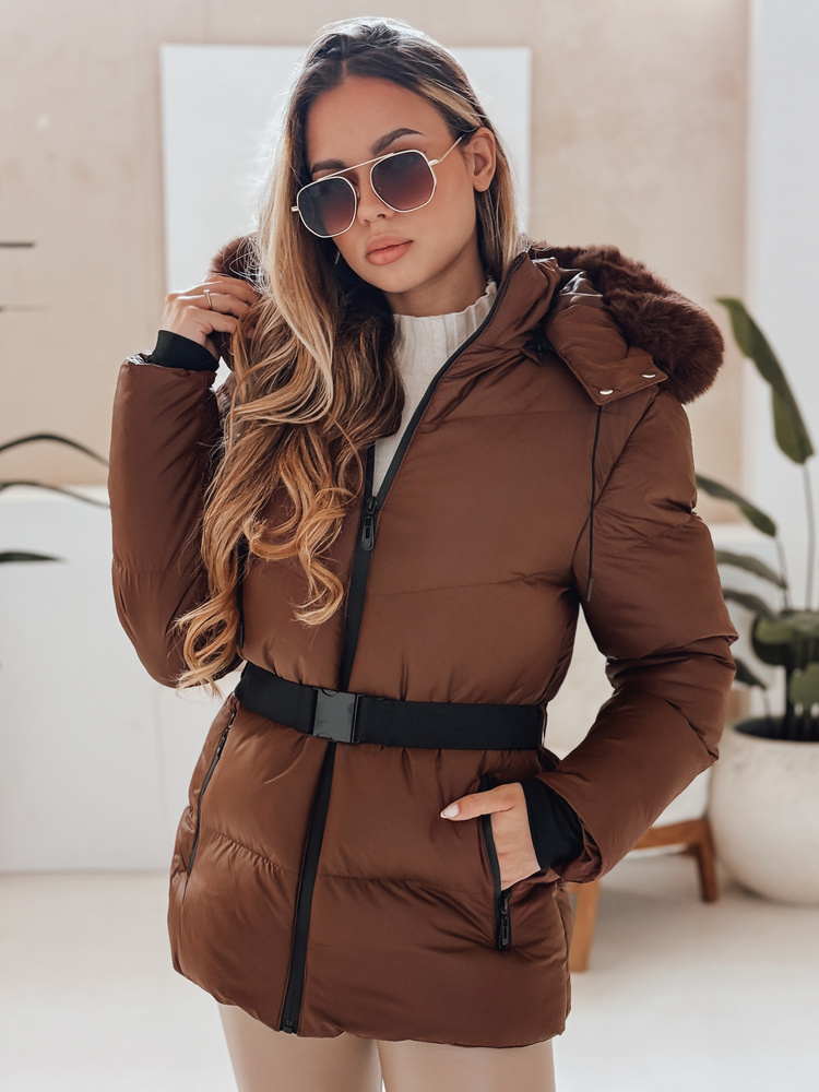 Hnedá dámska zimná prešívaná bunda LOVELINA s kapucňou TY4953 Veľkosť: XL