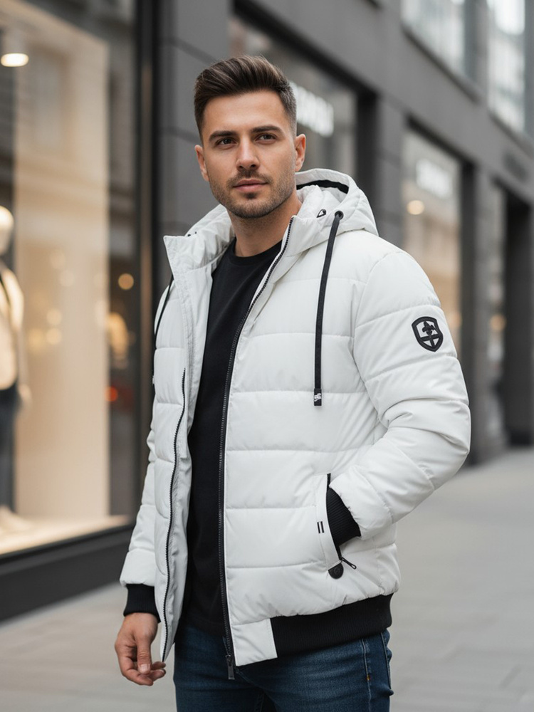 Biela pánska zimná bunda s kapucňou a prešívaním TX5096 Veľkosť: L