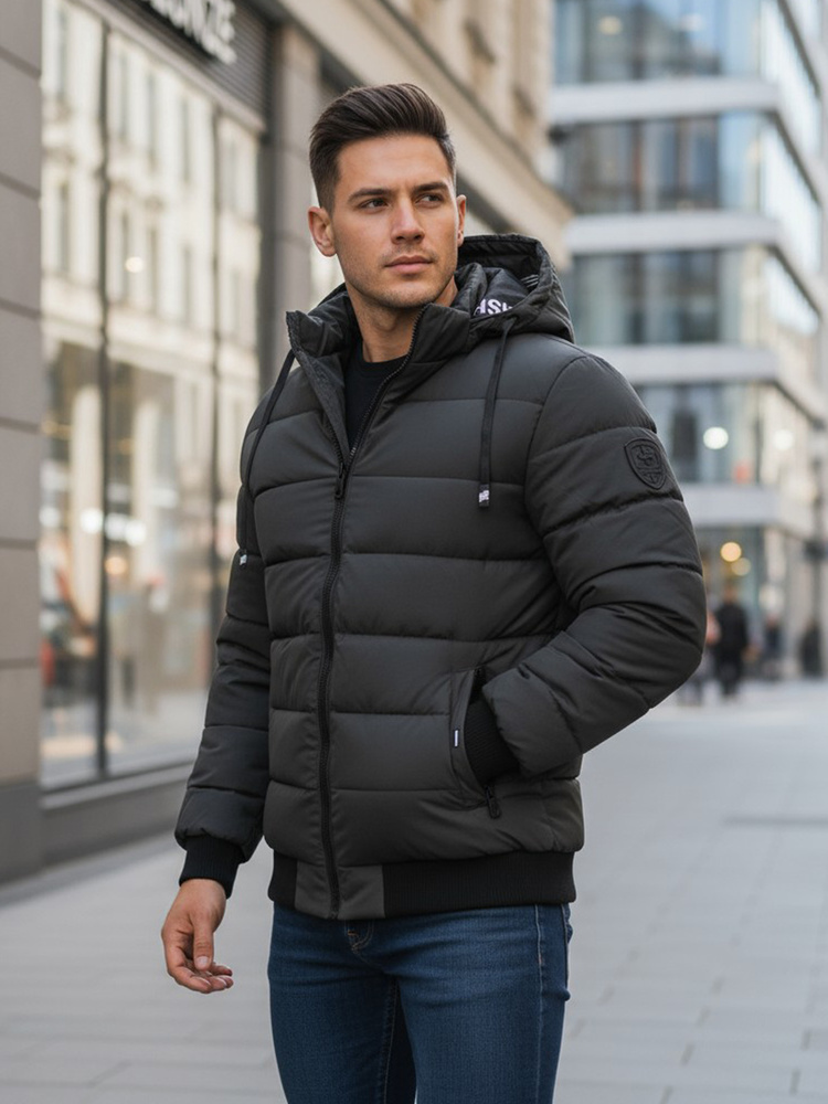 Tmavosivá pánska zimná bunda s kapucňou a prešívaním TX5095 Veľkosť: M