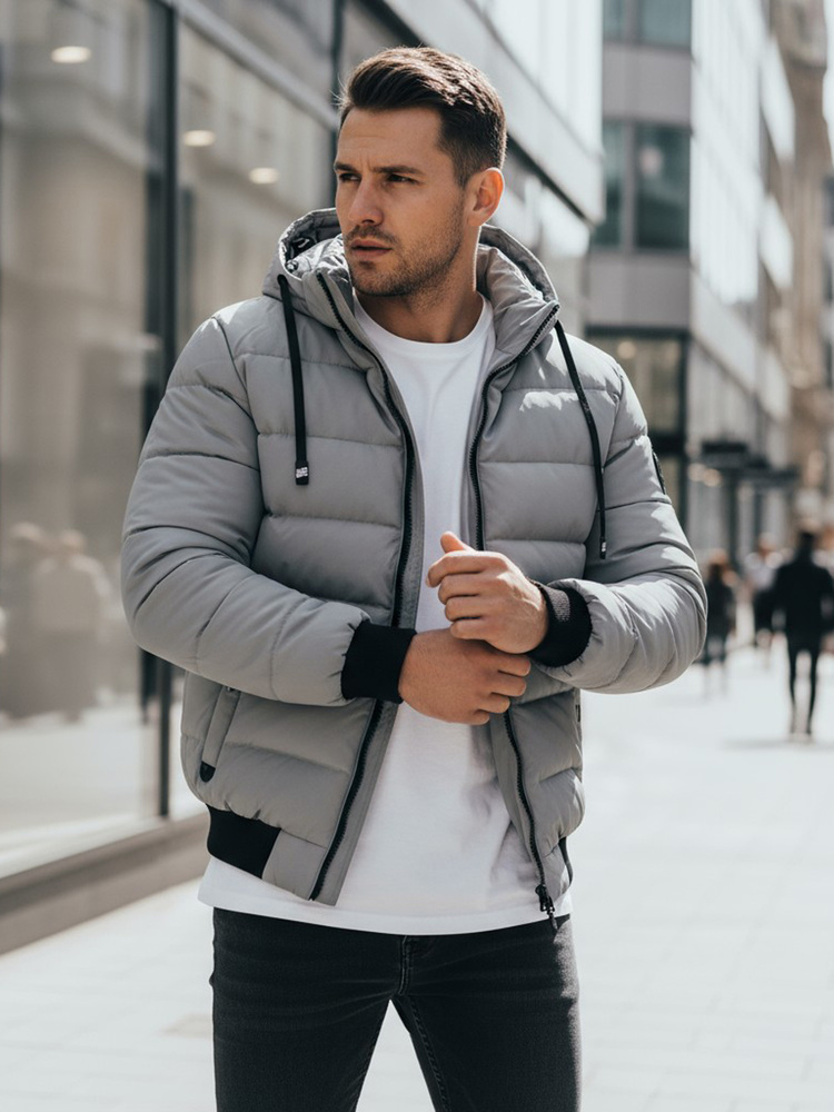 Sivá pánska zimná bunda s kapucňou a prešívaním TX5093 Veľkosť: S