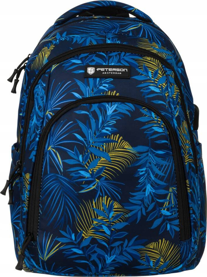 Peterson modrý školský batoh s rastlinnou potlačou a USB portom PTN 77711-6630 PRT-2 Veľkosť: ONE SIZE
