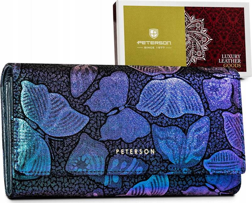 Peterson Tmavomodrá holografická dámska kožená peňaženka s motýlikmi Y469 [DH] PTN 42122-ONBF Veľkosť: ONE SIZE