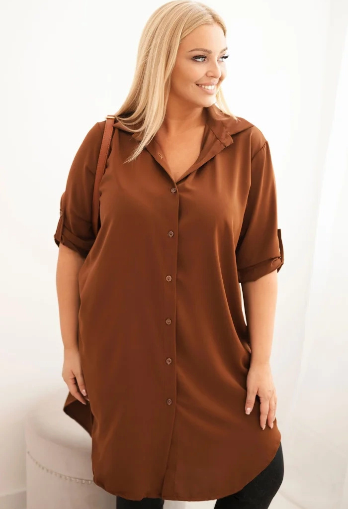 Hnedé asymetrické Plus Size košeľové šaty s vyhrňovacími rukávmi Veľkosť: ONE SIZE