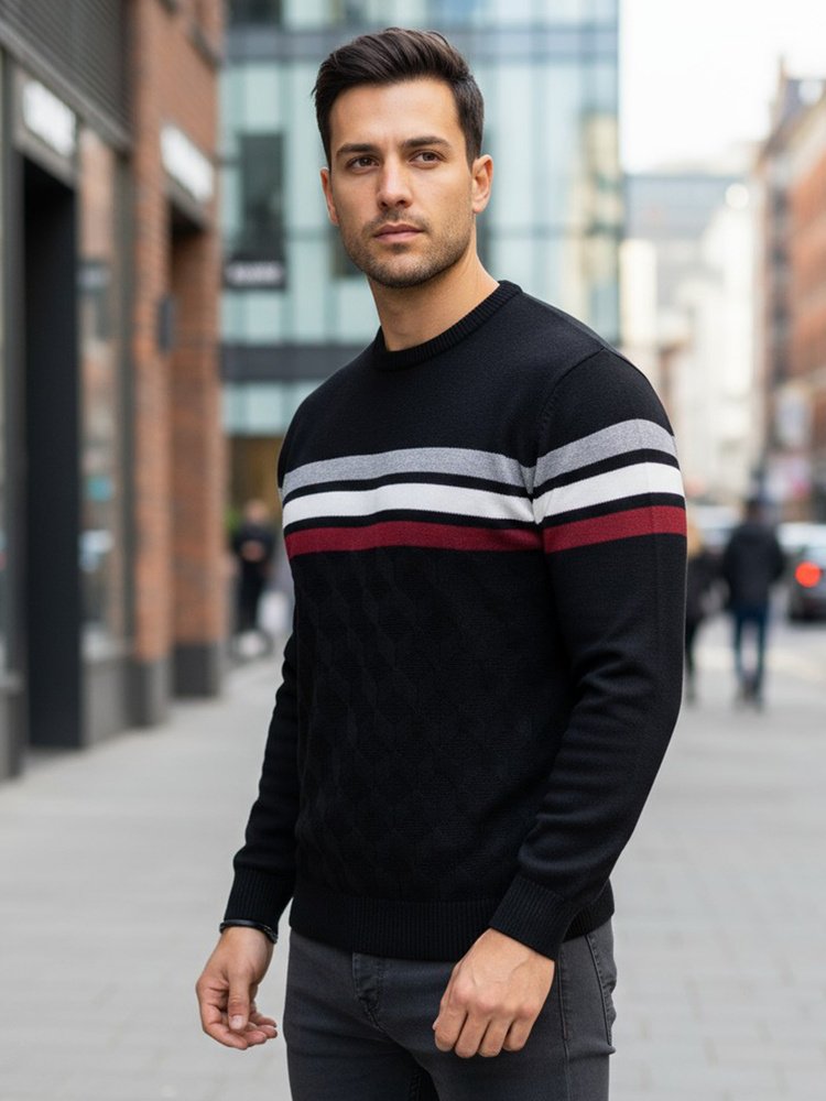 Čierny pánsky sveter s pruhmi WX2333 Veľkosť: M