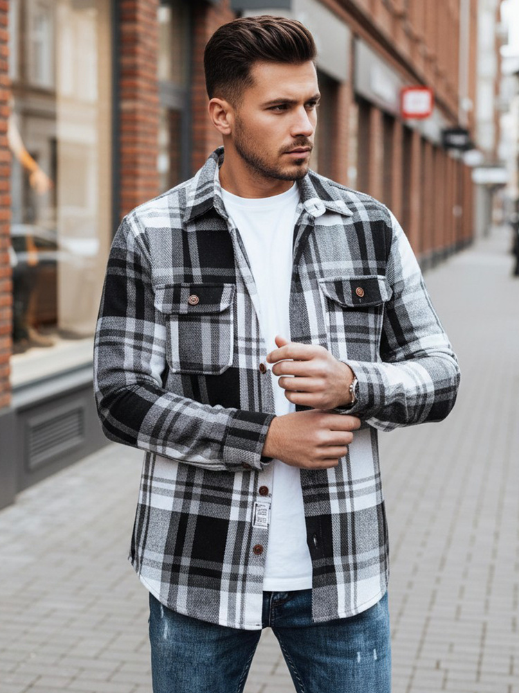 Bielo-čierna pánska károvaná flanelová košeľa DX2675 Veľkosť: 2XL