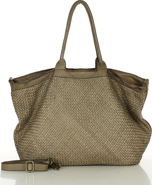 MARCO MAZZINI Béžová kožená shopper kabelka s pletenou prednou časťou (v258b) Veľkosť: ONE SIZE