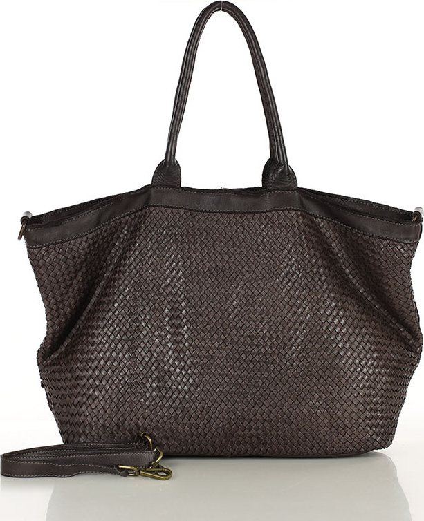 MARCO MAZZINI Tmavohnedá kožená shopper kabelka s pletenou prednou časťou (v258c) Veľkosť: ONE SIZE