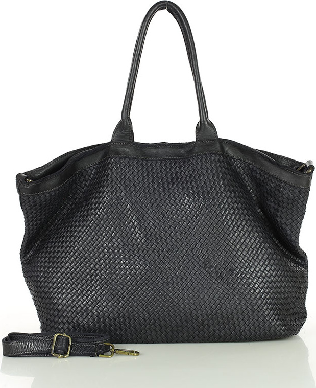 MARCO MAZZINI Čierna kožená shopper kabelka s pletenou prednou časťou (v258a) Veľkosť: ONE SIZE