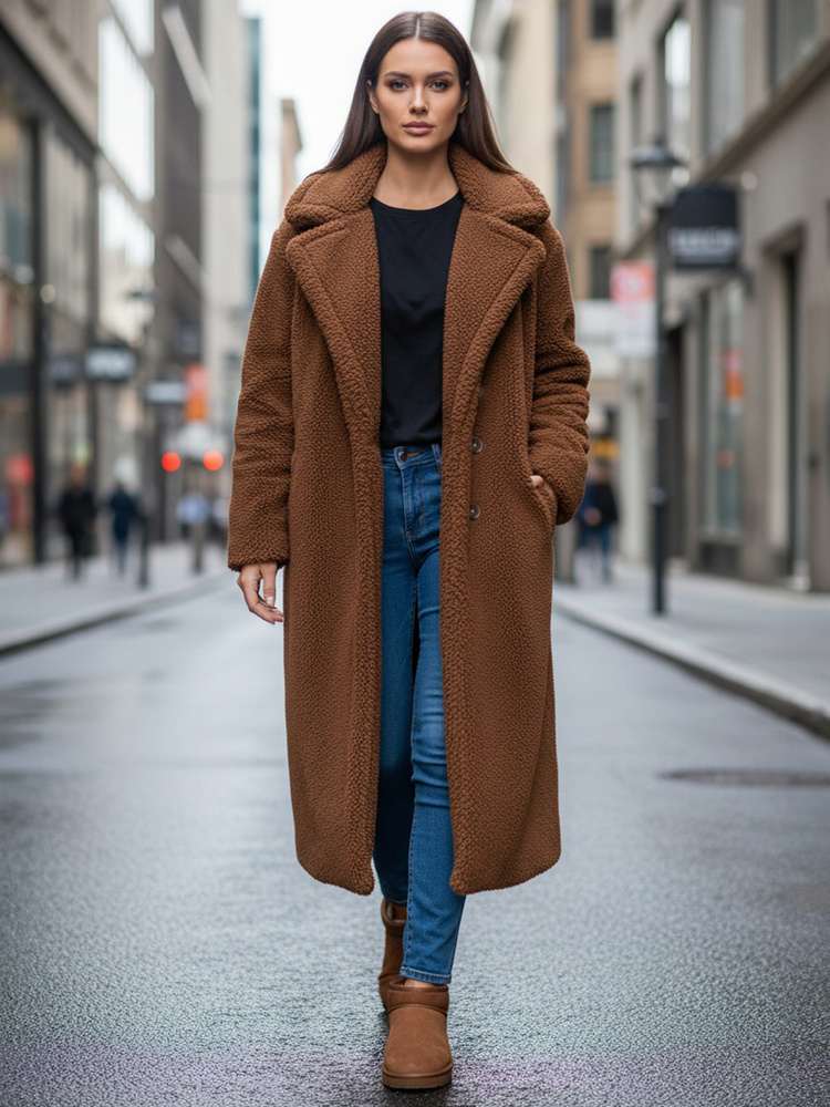 Dámsky hnedý dlhý plyšový zimný kabát NY0759z Veľkosť: XL