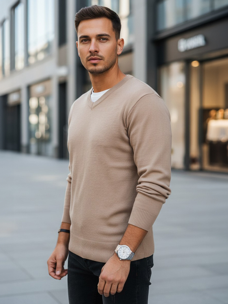 Béžový pánsky sveter s výstrihom do V WX2318 Veľkosť: 2XL