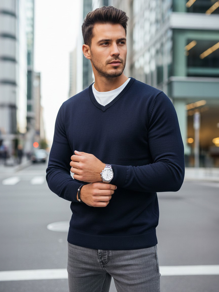 Tmavomodrý pánsky sveter s výstrihom do V WX2315 Veľkosť: M