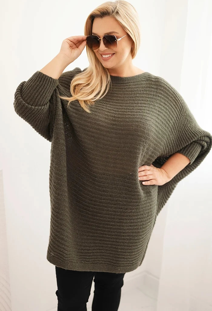 Khaki dámsky pletený plus size sveter s prímesou mohéru Veľkosť: ONE SIZE