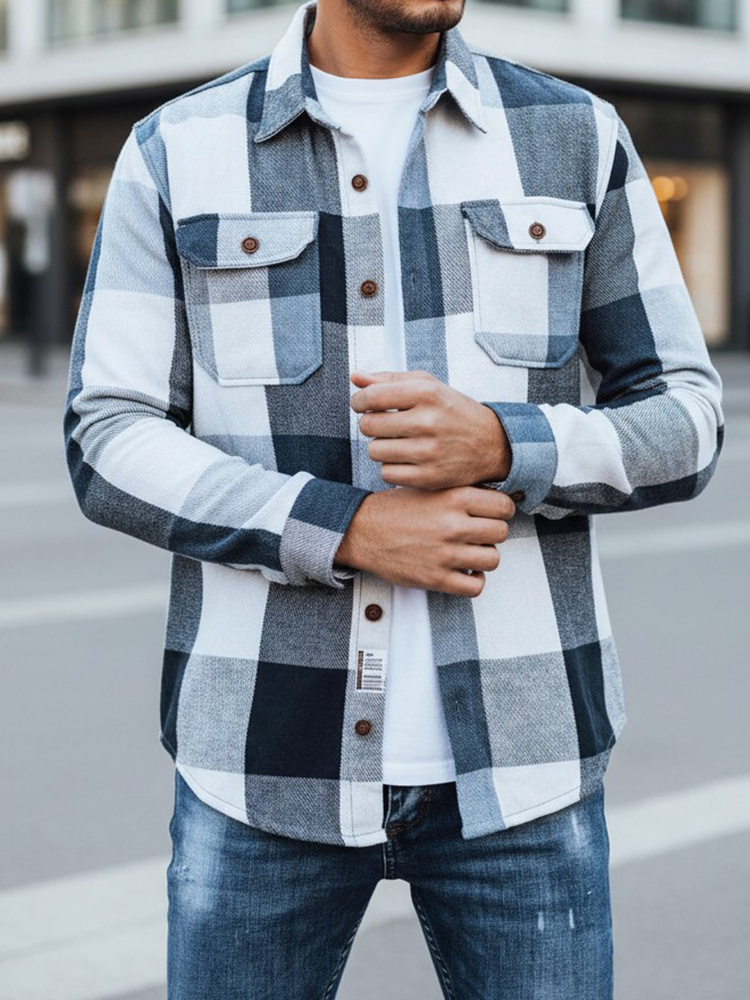 Bielo-modrá pánska kockovaná flanelová košeľa DX2676 Veľkosť: 2XL