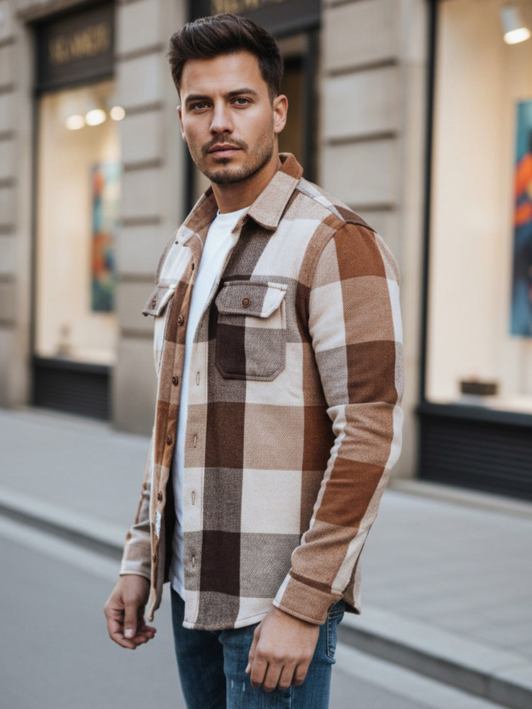 Bielo-hnedá pánska kockovaná flanelová košeľa DX2674 Veľkosť: 2XL