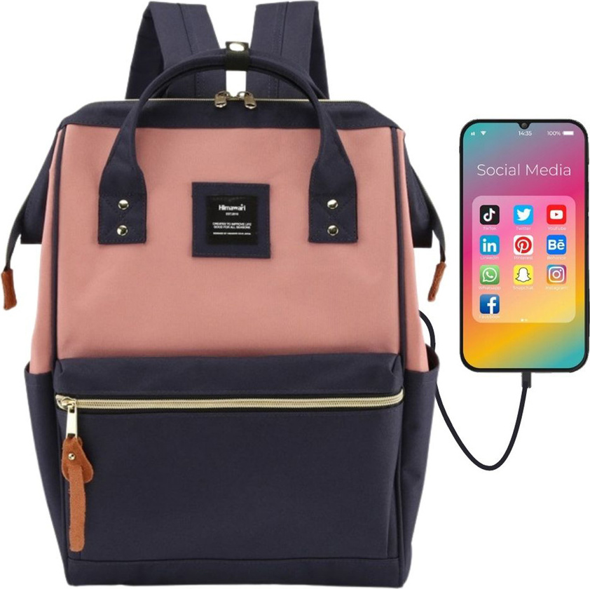 Himawari Priestranný ružovo-modrý dámsky batoh s USB portom a vreckom na notebook 9001 Veľkosť: ONE SIZE
