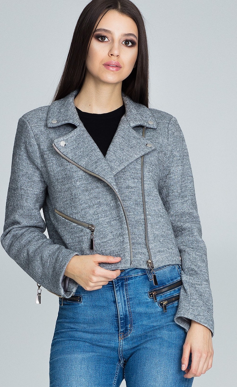 Dámsky sivý crop blejzer M607 Veľkosť: S