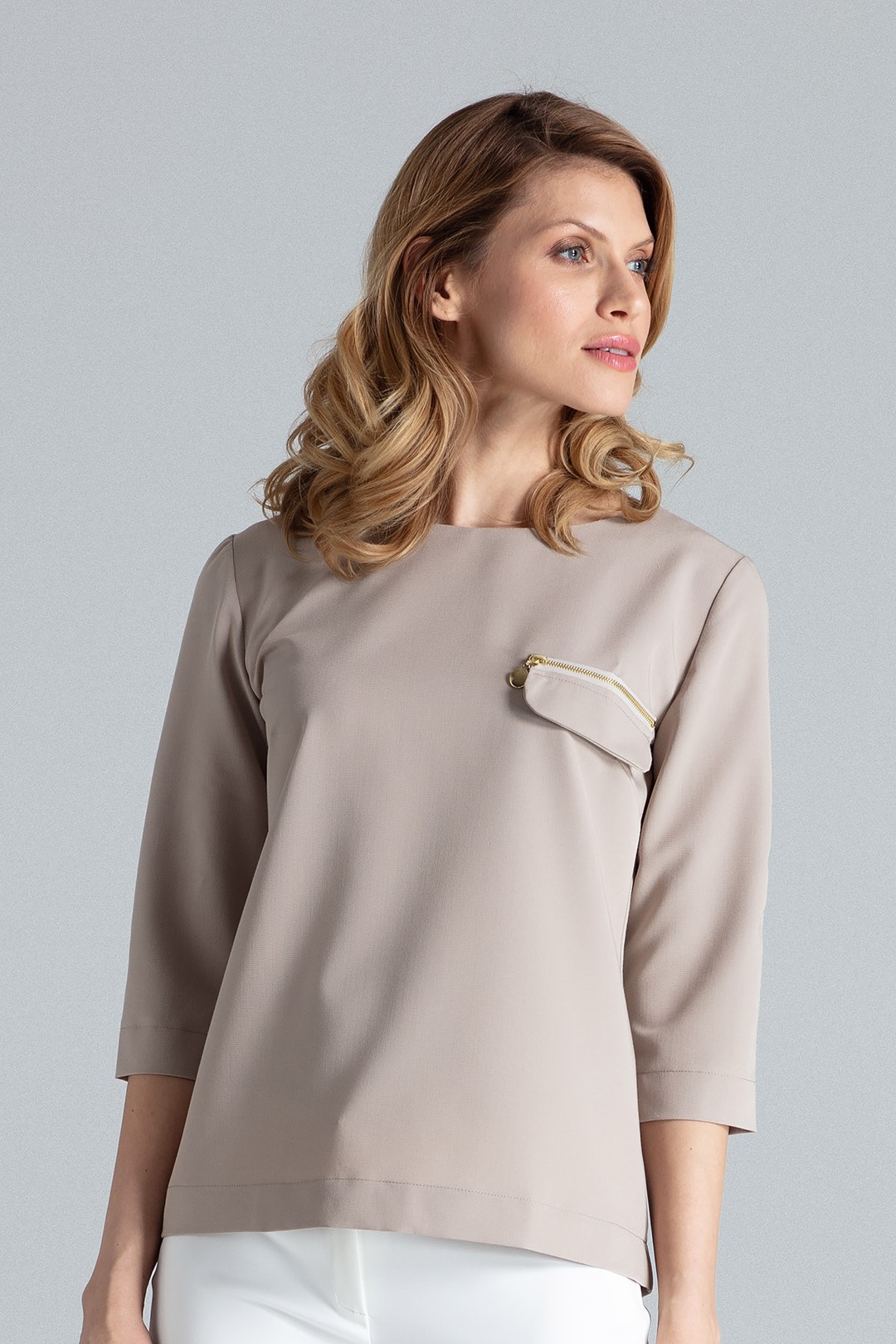 Béžová elegantná blúzka na zips M393 Veľkosť: XL