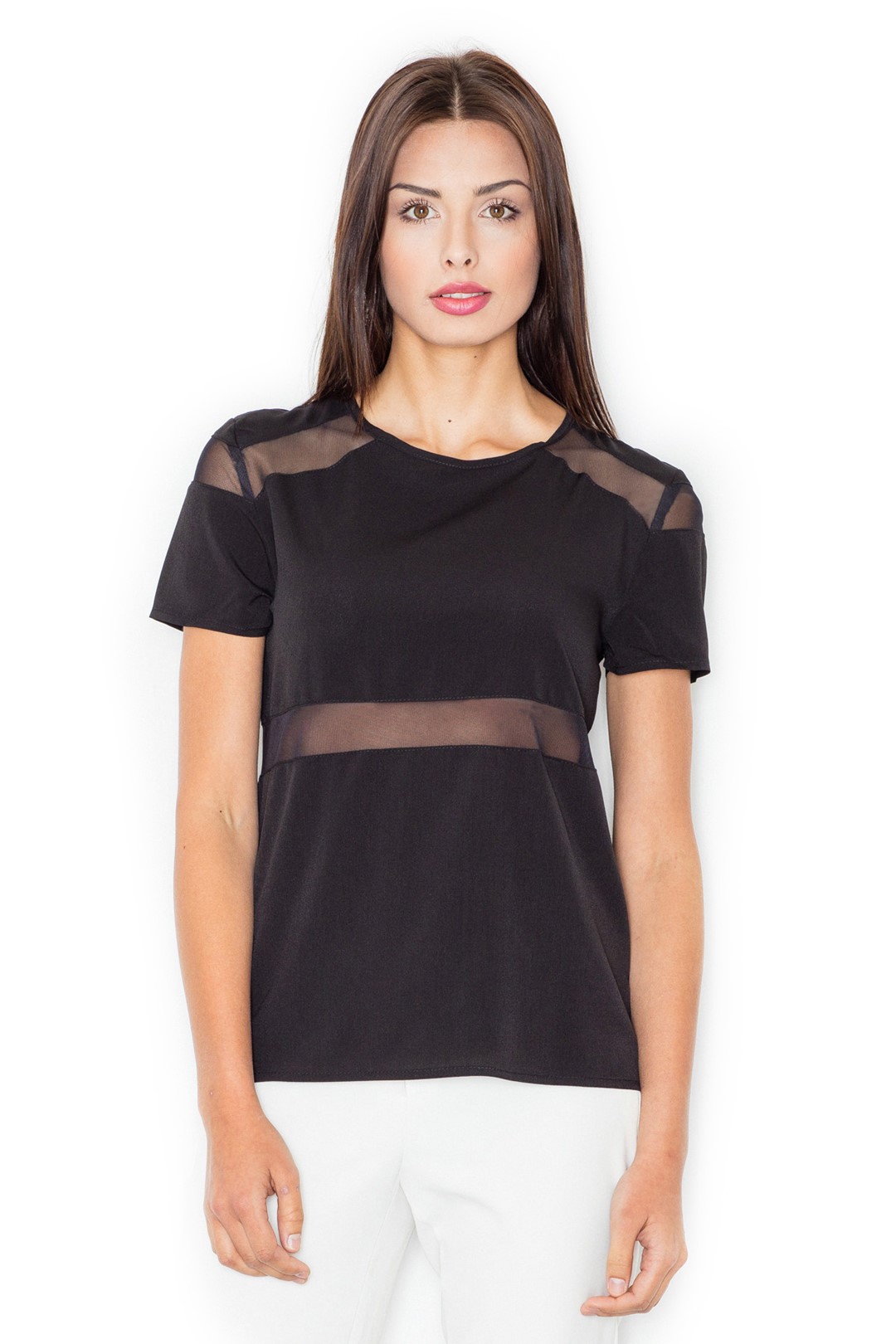 Čierna blúzka s priesvitnými prúžkami M468 Veľkosť: L