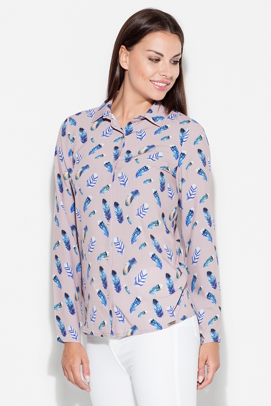 Béžová košeľa s motívom peria K428 Pattern 49 Veľkosť: S