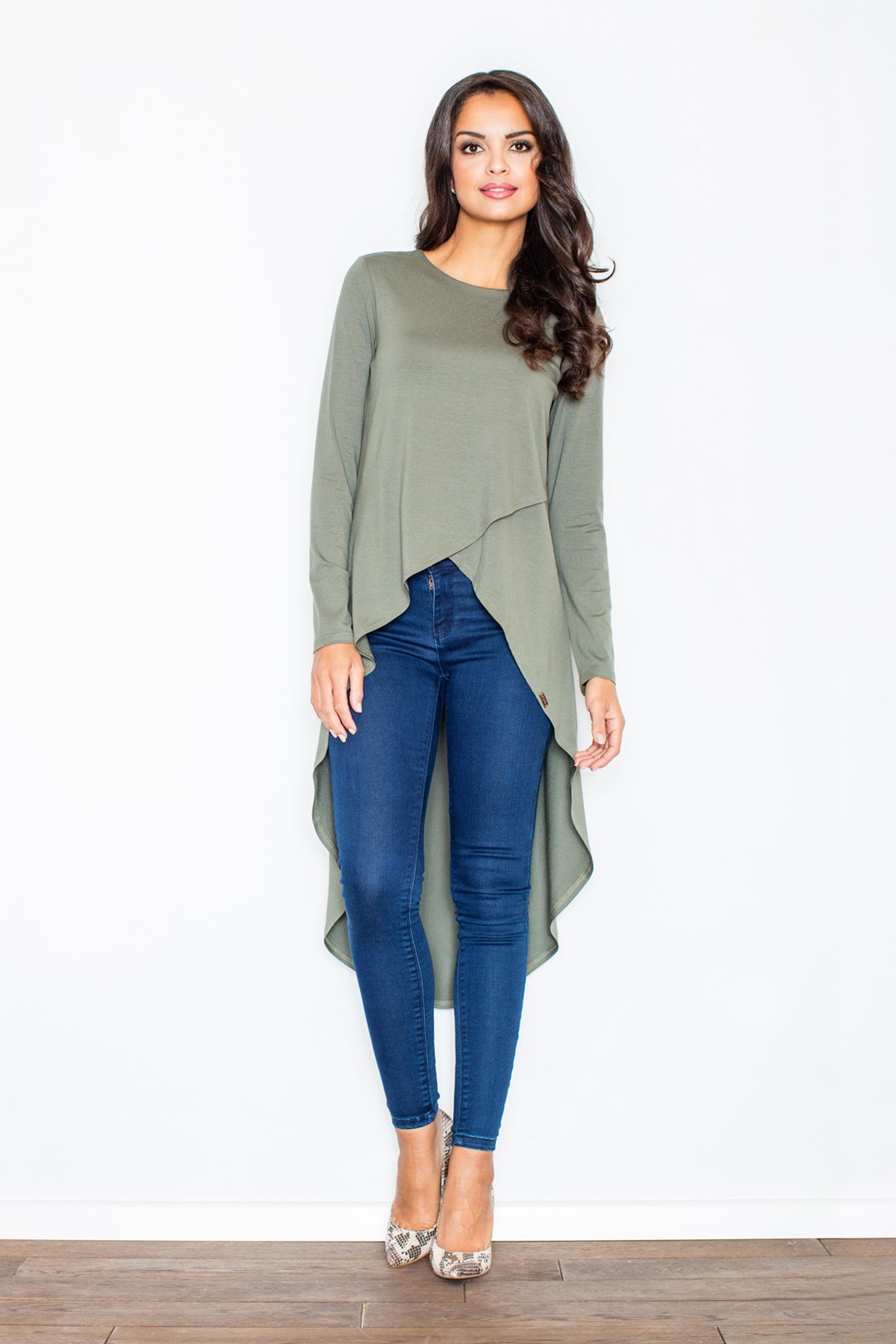 Dlhá asymetrická tunika M412 Olive green Veľkosť: M