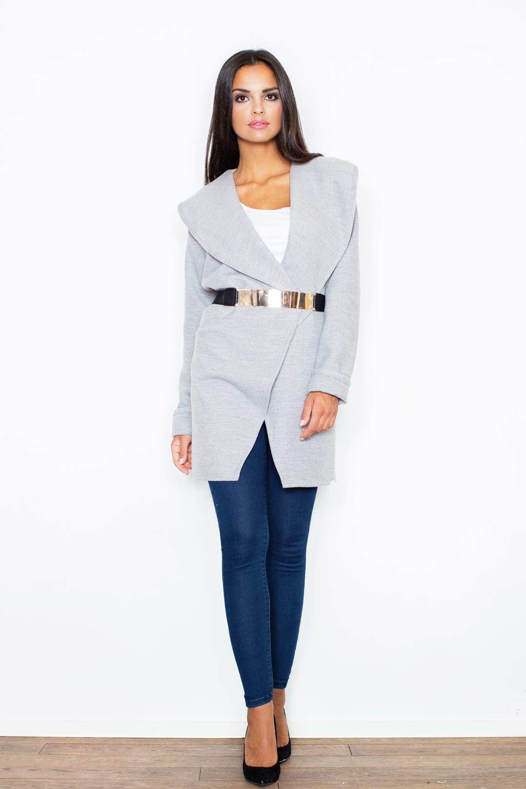Elegantný sivý kabát so zlatým pásikom M407 Grey Veľkosť: L