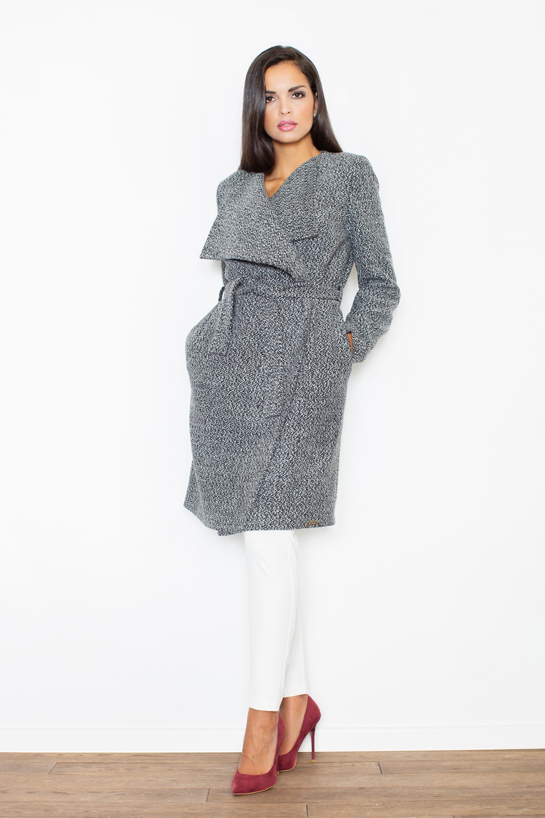 Elegantný kabát s opaskom M408 Grey Veľkosť: M