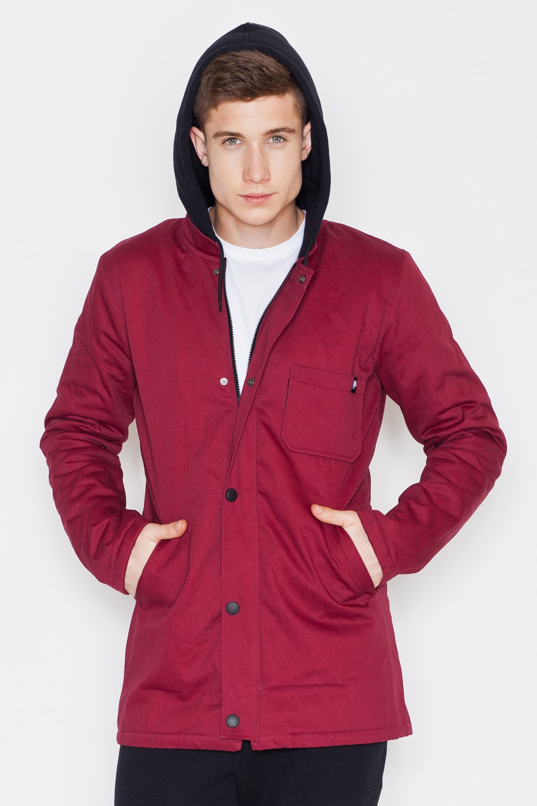 Bordový kabát s kapucňou V013 Deep red Veľkosť: S