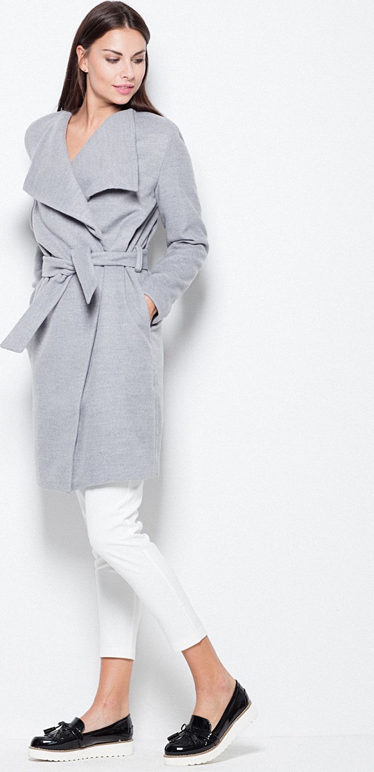 Jesenný flaušový dlhý kabátik - sivý VT041 Grey Veľkosť: S