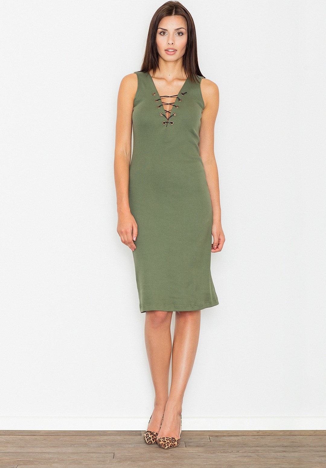 Letné šaty s previazaným výstrihom M487 Olive green Veľkosť: L/XL