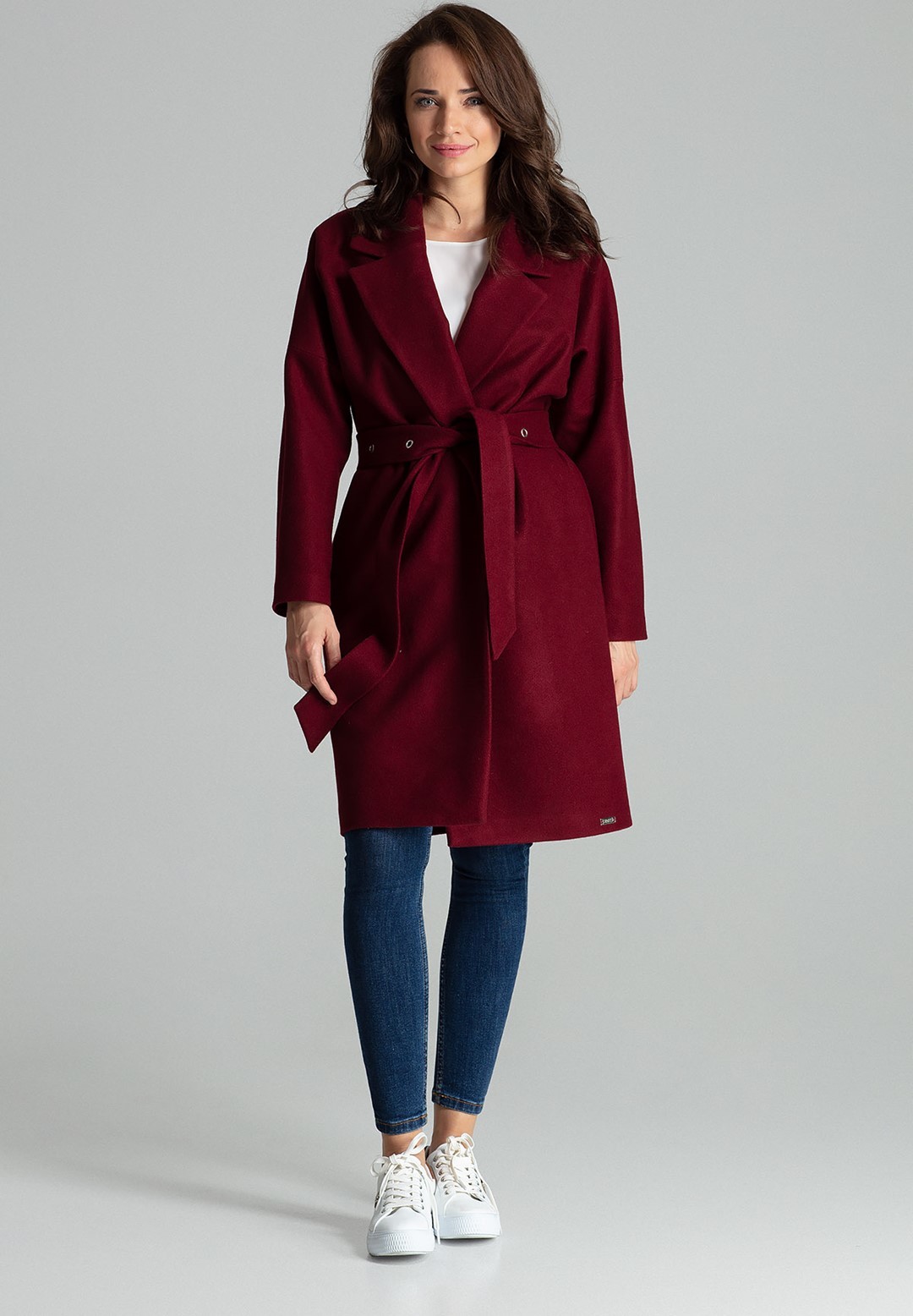 Kabát s opaskom L054 Deep Red Veľkosť: S/M