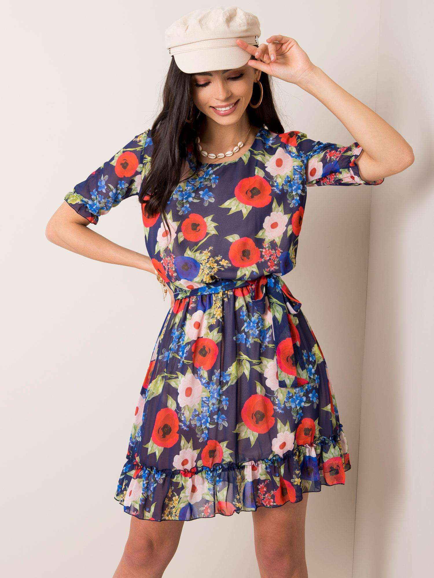 Dámske modré šaty s motívom kvetín LK-SK-507626.70-dark blue Veľkosť: 36