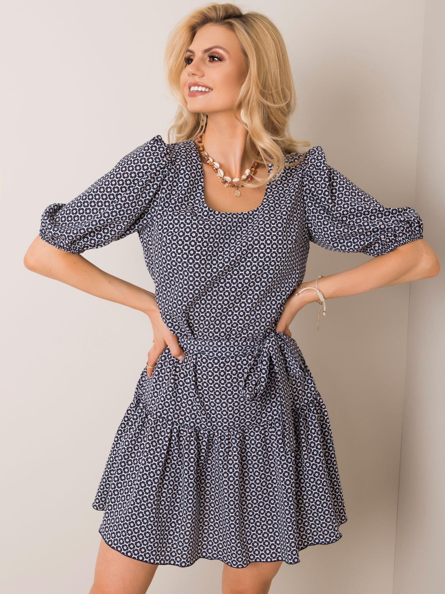 Dámske tmavo modré šaty s motívom malých kvetín LK-SK-508151.34P-dark blue-red Veľkosť: 40