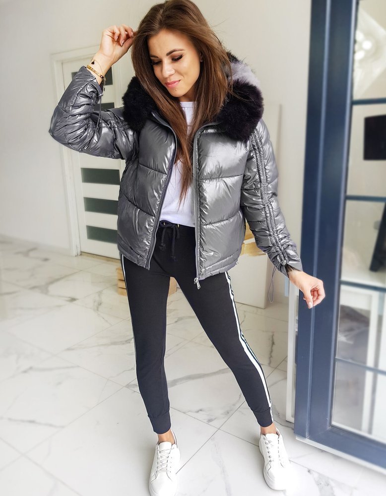 Šedá bunda s dvojfarebnou kožušinou TY1448 Veľkosť: L